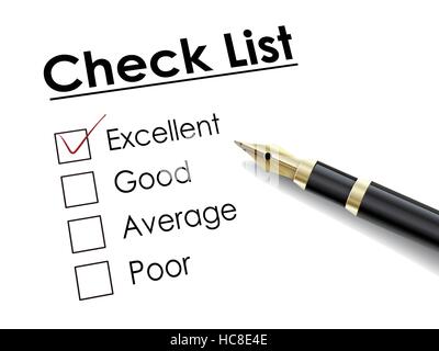 tick placed in excellent check box with fountain pen over check list Stock Vector