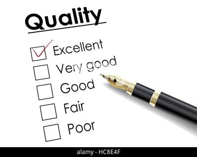 tick placed in excellent check box with fountain pen over quality survey Stock Vector