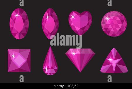 Pink gems set. Jewelry, crystals collection isolated on black background. Precious stones of different shapes, cut. Colorful  gemstones. Realistic, cartoon style. Vector illustration Stock Vector