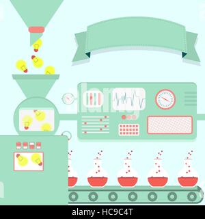 Vector illustration of factory producing test tubes with chemical substance. Chemistry production from light bulb. Empty ribbon for insert text. Conce Stock Vector