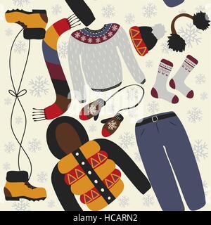 Seamless pattern with winter clothing. Warm woollies. Clothes for cold weather. Mittens,hats, scarf, sweaters, jacket, shoes, socks with ornament Stock Vector