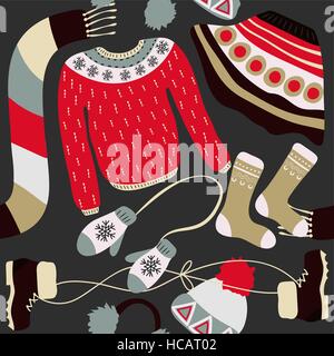 Seamless pattern with winter clothing. Warm woollies. Clothes for cold weather. Mittens,hats, scarf, sweaters, skirt, shoes, socks with ornament Stock Vector
