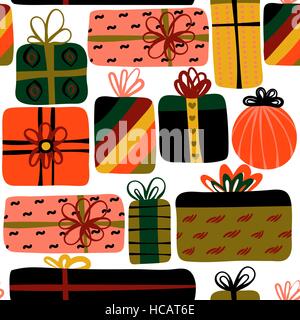 Seamless pattern with different gift boxes. Cute design. Colorful creative presents. Repeating background Stock Vector