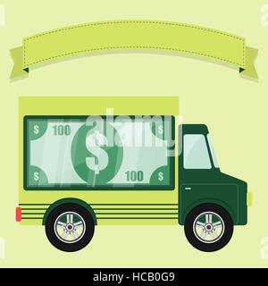 Money shown in a showcase in the back of a truck. Ribbon to enter text. Concept. Stock Vector