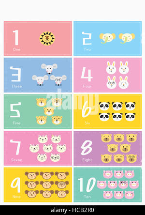 Educational poster with numbers and drawings of various animals Stock Photo