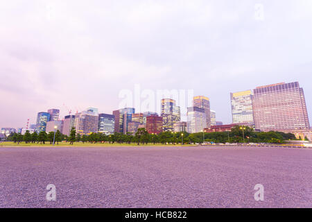 Purple evening sunset overlooking downtown Marunouchi skyline at dusk seen from Imperial Palace Square in Tokyo, Japan Stock Photo