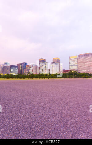 Purple evening sunset overlooking downtown Marunouchi skyline at dusk seen from Imperial Palace Square in Tokyo, Japan. Vertical Stock Photo