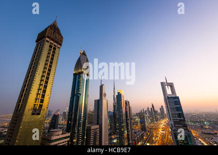 View of sunset from Four Points by Sheraton, skyline and Sheikh Zayed Road, Downtown Dubai, United Arab Emirates Stock Photo