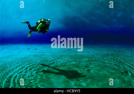 Scuba diver and shadow in the Gruener See Lake in Styria, Austria, Europe Stock Photo