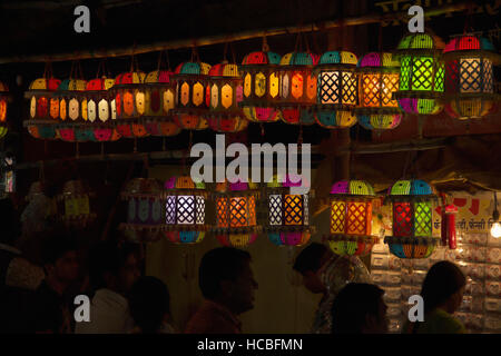 Colourful Lanterns or a sky lanterns (akash kandil) for sale at night, Diwali Festival, Pune, Maharashtra, India Stock Photo