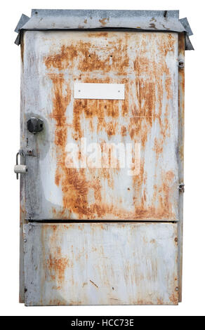 Old rusty retro metal box for electrical fuses and switches. Isolated with patch Stock Photo