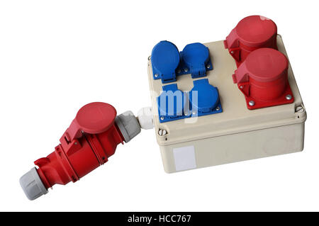 Power electric three-phase blue and red sockets for street construction devices and mashinery. Isolated on white Stock Photo