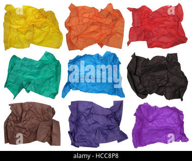 Nine crumpled  sheets of cheap friable color paper for origami or children's art collages. Isolated on white Stock Photo
