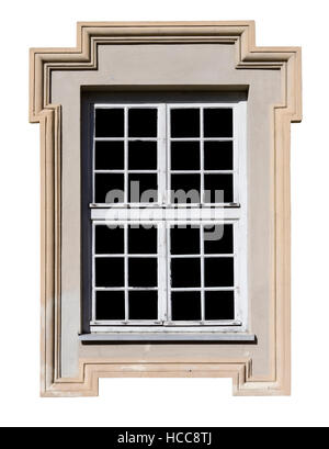 The window in a wall of the ancient house has a frame in the form of a stone cross. Isolated on white. Glass isolated on black. Stock Photo