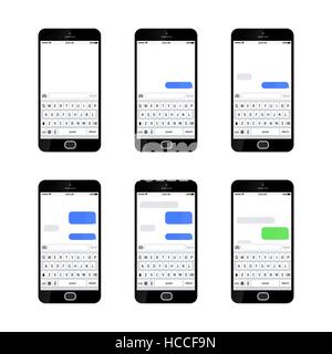 Set of six glossy smartphones with different sms texting templates Stock Vector