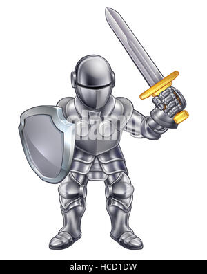 Cartoon knight in his suit of armour holding a sword and shield Stock Photo