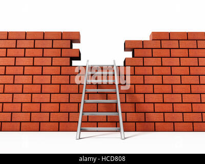 Metal ladder on brick wall with missing bricks. 3D illustration Stock Photo