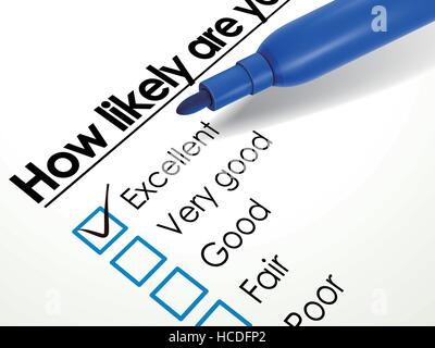 tick placed in excellent check box with blue pen over questionnaire Stock Vector