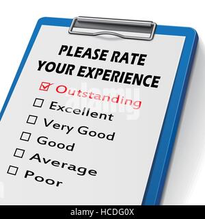 please rate your experience clipboard with check boxes marked for different levels on it Stock Vector