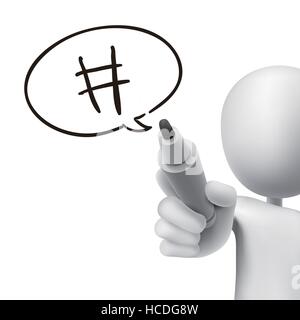 hashtag speech bubble drawn by 3d man over white Stock Vector