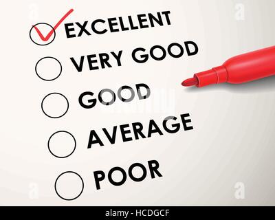 tick placed in excellent check box with red pen over quality survey Stock Vector