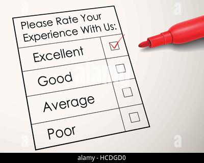 tick placed in excellent check box with red pen over experience survey Stock Vector