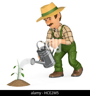 3d working people illustration. Gardener watering a small plant. Growth concept. Isolated white background. Stock Photo