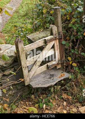 Footpath step stile in drystone wall with tiny wooden gate, Colwith, Cumbria, UK.