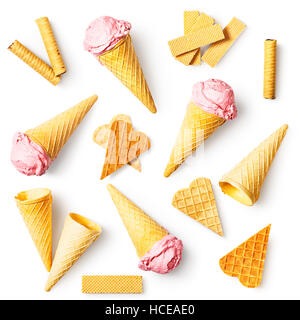 Strawberry ice cream with waffle cone, wafer sticks and hearts collection. Sweet dessert. Design elements isolated on white background. Flat lay Stock Photo