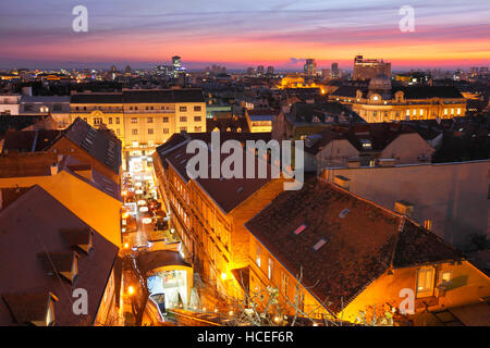 Zagreb city sunset skyline.View from upper town to downtown Stock Photo