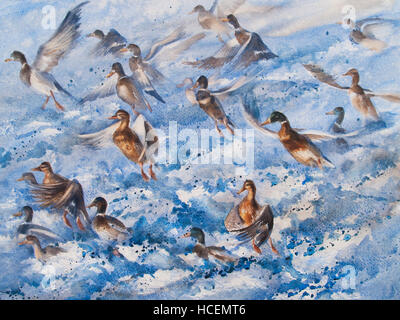 watercolor ducks flying under sea waves illustration Stock Photo