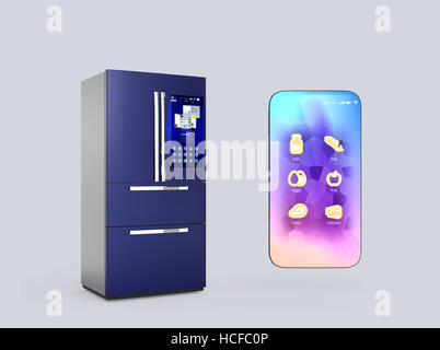 Refrigerator and smart phone isolated on gray background. Smart appliances concept. 3D rendering image. Stock Photo