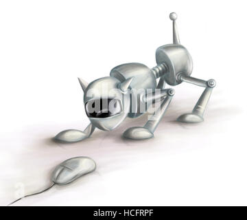 illustration of a robotic cat playing with a computer mouse Stock Photo