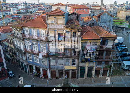 Azulejo tiles on dilapidated old houses  in the old town, Porto, Portugal Stock Photo