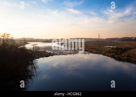 Germany, North Rhine-Westphalia, the restored mouth of the river Lippe in the Rhine near Wesel, in the background the Niederrhein bridge. Stock Photo