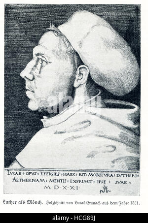 Martin Luther (1483-1546) was a key figure in the Protestant Reformation. He was a German professor of theology, composer, and a monk, In 1505, he became a monk, an Augustinian friar. He was ordained two years later, and in 1510 went to Rome, where he find the corruption very disturbing. This illustration shows Luther as a monk and is based on a woodcut by the German Renaissance painter Lucas Cranach that was done by Cranach in 1521. Stock Photo