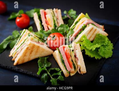 Club sandwich with ham, bacon, tomato, cucumber, cheese, eggs and herbs on dark background Stock Photo