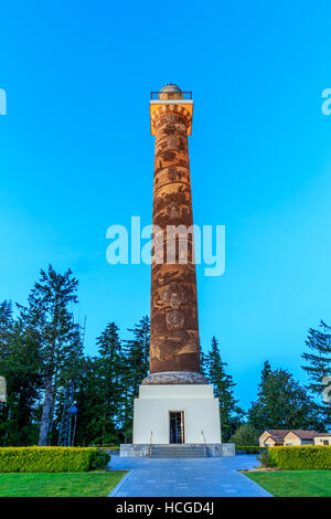 The Astoria Column is a tower overlooking the mouth of the Columbia River on Coxcomb Hill in the city of Astoria. Stock Photo