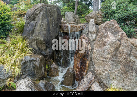 Water flows over a rock ledge creating a small waterfall somewhere in Western Washington. Stock Photo