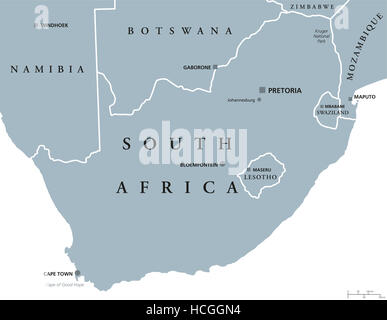 South Africa political map with the capitals Pretoria, Bloemfontein and Cape Town. With national borders and neighbor countries. Stock Photo