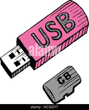 Flash drive USB and memory card hand drawn sketch Stock Vector