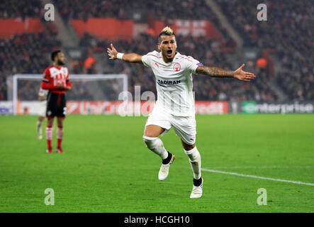 Hapoel Be'er Sheva's Maor Bar Buzaglo celebrates scoring his side's first goal of the game during the UEFA Europa League, Group K match at St Mary's Stadium, Southampton. Stock Photo