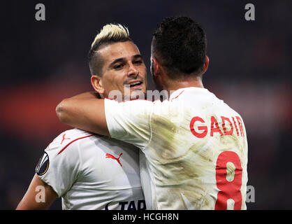 Hapoel Be'er Sheva's Maor Bar Buzaglo and Mohammad Ghadir celebrate victory after the UEFA Europa League, Group K match at St Mary's Stadium, Southampton. Stock Photo