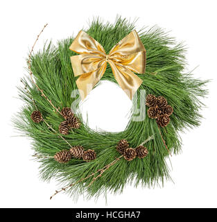 Christmas wreath with pine cones and golden ribbon bow isolated on white background Stock Photo