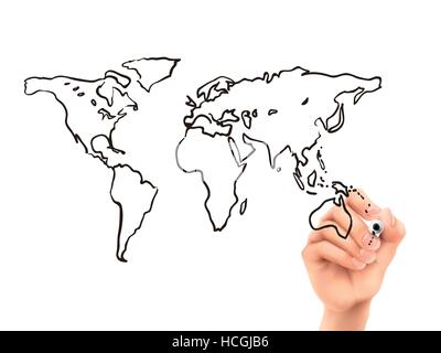 global map drawn by 3d hand over white background Stock Vector