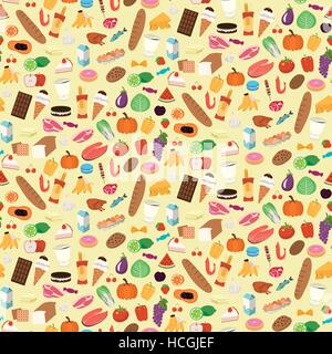 Seamless pattern of foodstuff on yellow background in flat design style Stock Vector