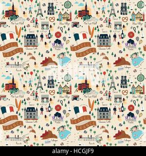 Seamless pattern of landmarks and popular things in France - Travel concept background. Stock Vector