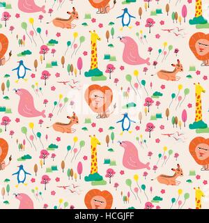 Wild animals with trees and balloons seamless background in flat style Stock Vector
