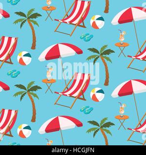 Seamless pattern of beach settings with chair. parasol. palm tree. ball. slippers and juice on blue background Stock Vector