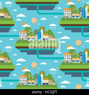 Seamless repeat pattern of beautiful city scene surrounded with mountains on blue background Stock Vector
